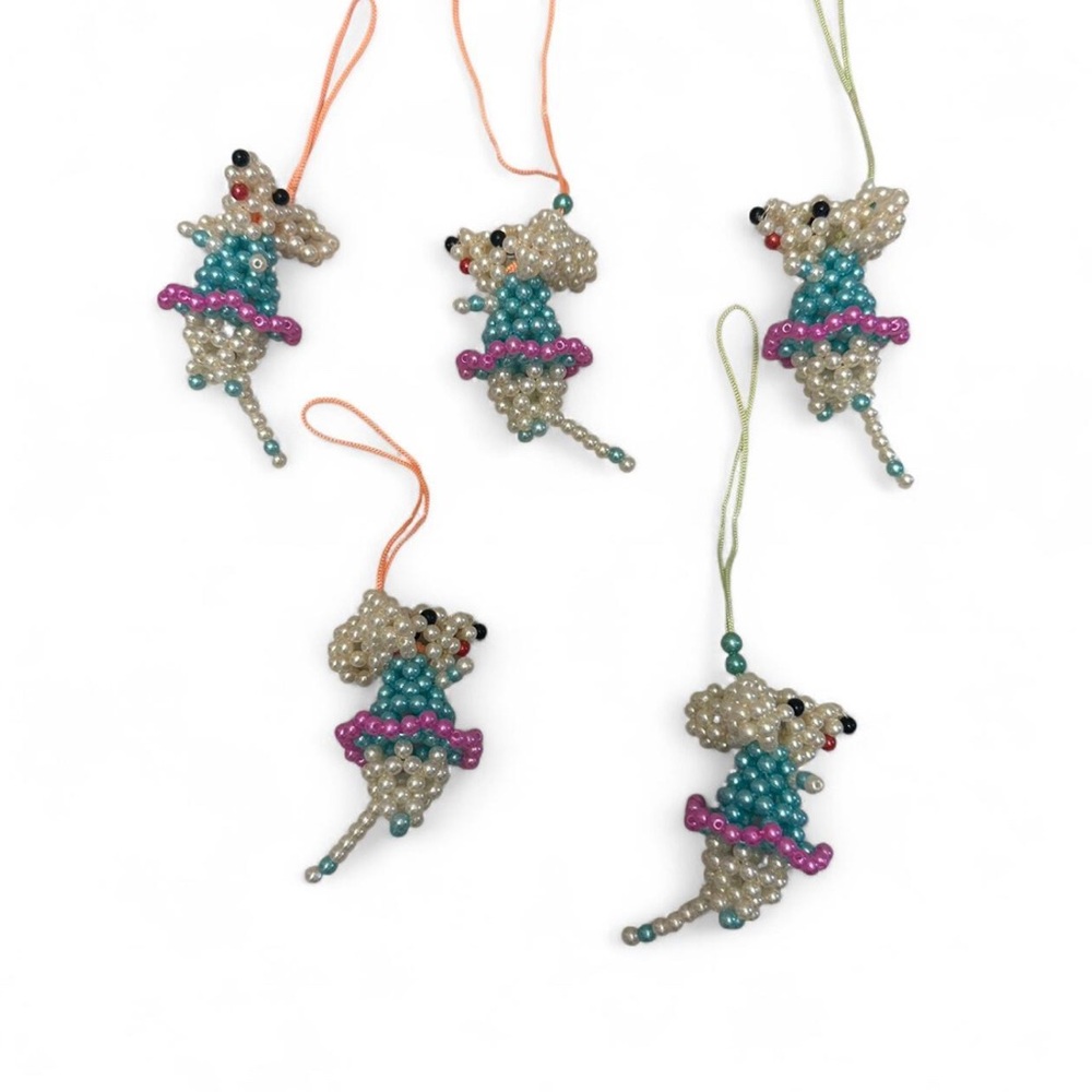 Teal & Pink Beaded Ballerina Mouse Ornaments (5-Piece Set)